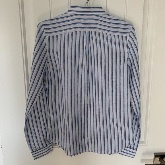 UNTUCKit Top 18 100% Linen Button Up Shirt Blue White Stripe Gift Ready Under - Picture 5 of 9